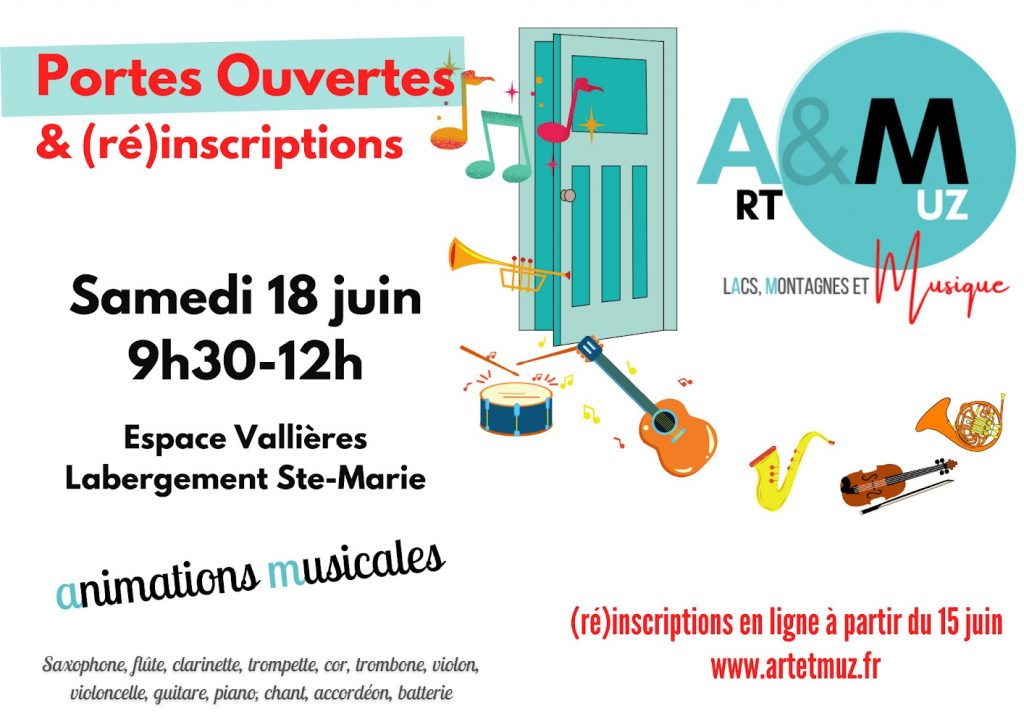 samedi 18 juin 2022 de 9h30 à 12h00: espace les Vallières de Labergement Ste Marie. Art et Muz organiser une matinée portes ouvertes et inscriptions. Animations musicales.